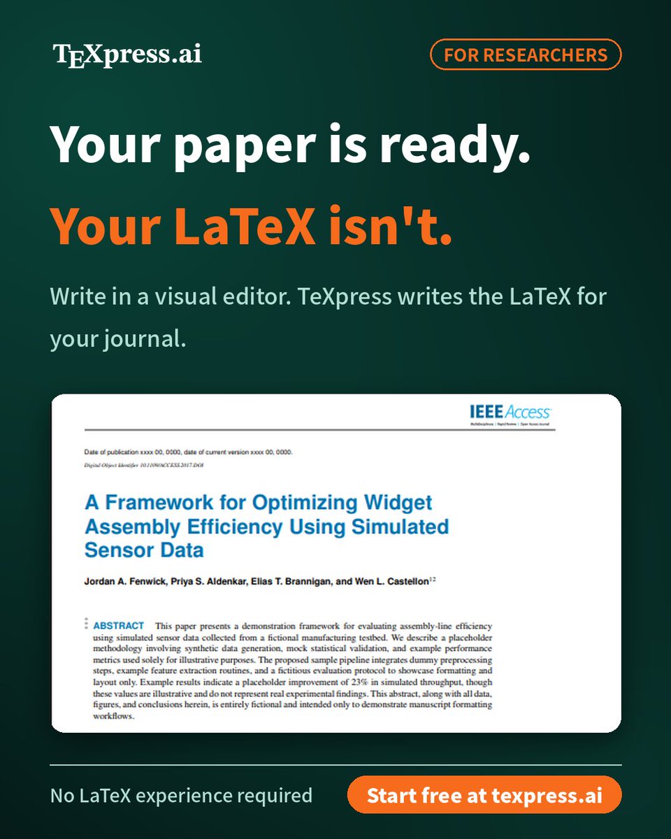 TeXpressAI's tweet photo. Your paper is ready. Your LaTeX isn't. 😩 TeXpress lets you write in a visual editor and generates publication-ready LaTeX for your journal. No LaTeX experience required.
Start free → https://t.co/wGazRmVOLK
#TeXpress #LaTeX #AcademicWriting #PhDLife #ResearchTools https://t.co/rP1UefNuph
