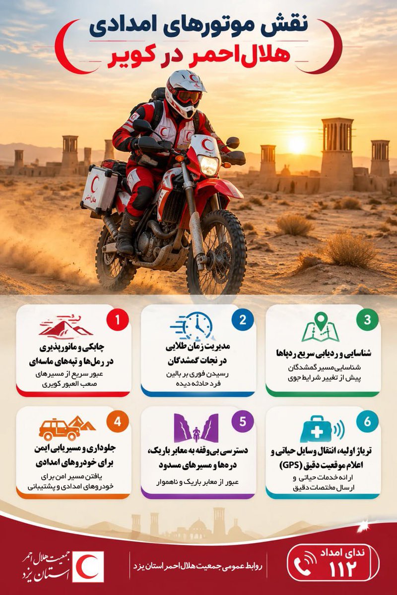 yazdrcs's tweet photo. اینفوگرافیک |  نقش استراتژیک موتورهای امدادی هلال‌احمر در کویر و حوادث جاده‌ای

آیا می‌دانستید در مناطق کویری استان یزد، یک دستگاه موتور امدادی هلال‌احمر می‌تواند فاصله میان مرگ و زندگی را در کمتر از چند دقیقه تغییر دهد؟

#هلال_احمر_یزد 
#ناوگان_موتوری
 #امداد_کویر https://t.co/XcrDH753uO