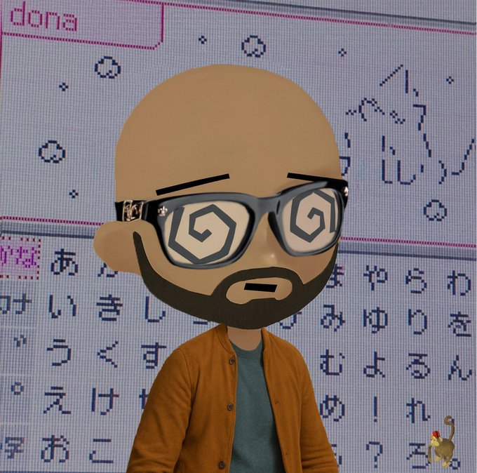 An Apple Memoji avatar of a bald man with a beard wearing glasses with hypnotic spiral lenses and a brown cardigan, set against a pixelated Japanese text background with a small dinosaur sticker.