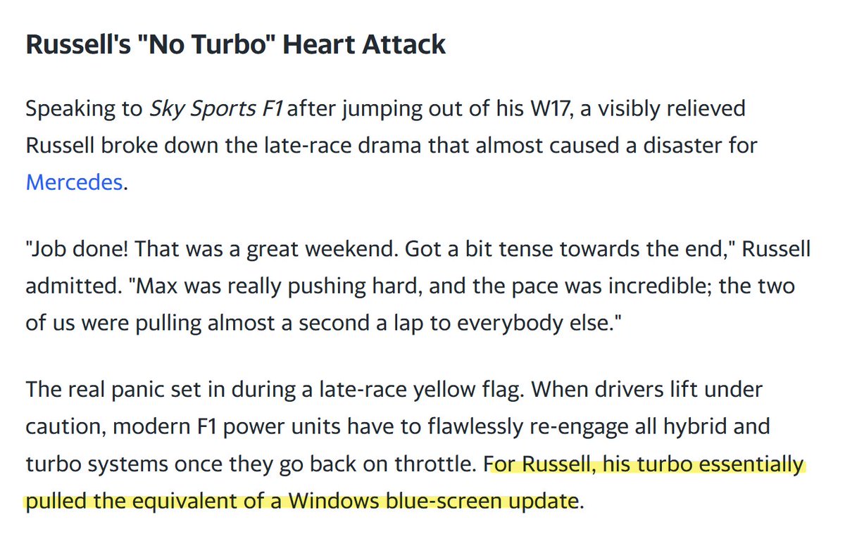uruptosmth's tweet photo. MotorBiscuit's interpretation of the incident:

"For Russell, his turbo essentially pulled the equivalent of a Windows blue-screen update"

😅 https://t.co/VtP2Z0rWbb