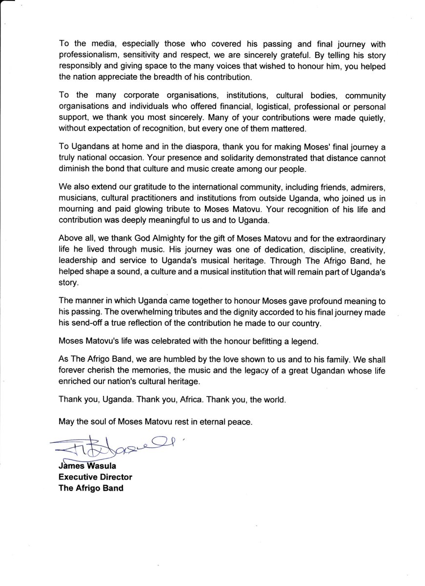 TheAfrigo's tweet photo. APPRECIATION  IN HONOUR OF LEGENDARY MOSES MATOVU
On behalf of The Afrigo Band, and  the family of our departed bandleader,  mentor, friend  Moses Matovu, we wish to express our profound gratitude to all those who stood with us during this most difficult period of loss. https://t.co/wFZJALbG37