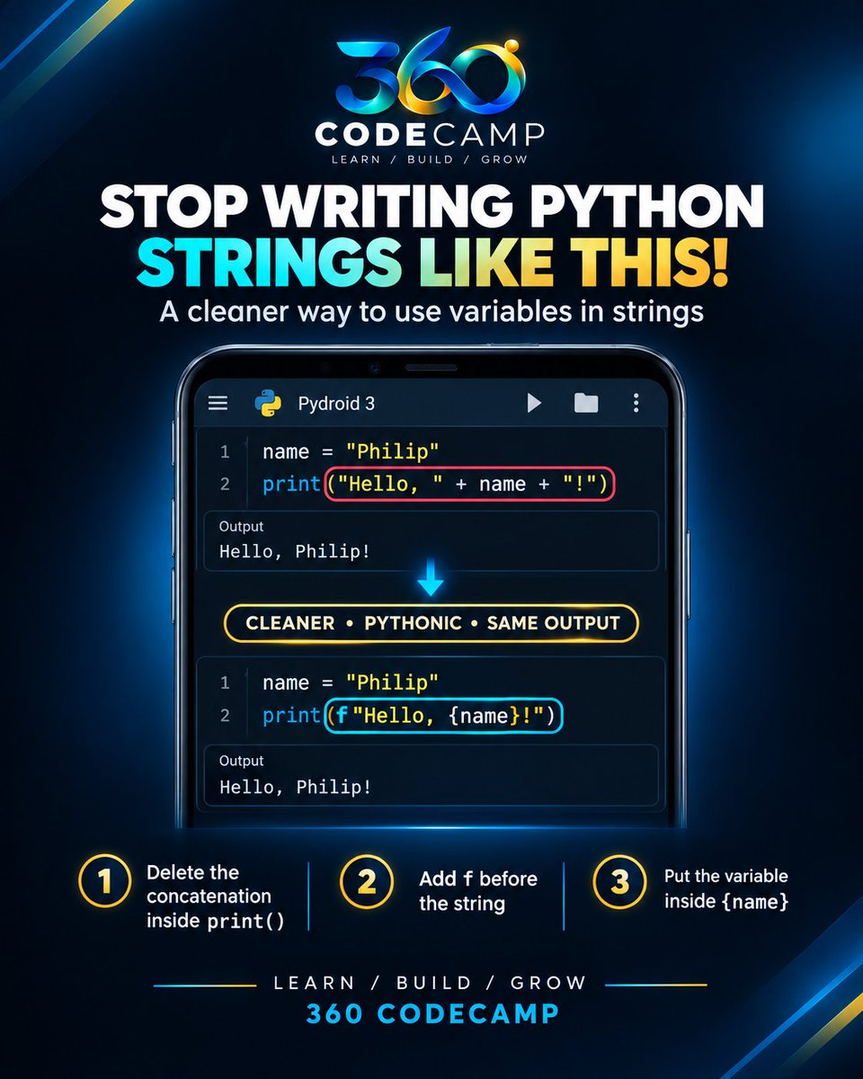 Insight_Coder's tweet photo. π Stop writing Python strings like this!
Instead of: "Hello, " + name + "!"
Use an f-string: f"Hello, {name}!"
Same output. Cleaner code. More Pythonic. π
#Python #Coding #360CodeCamp https://t.co/uSzB8cBi2x