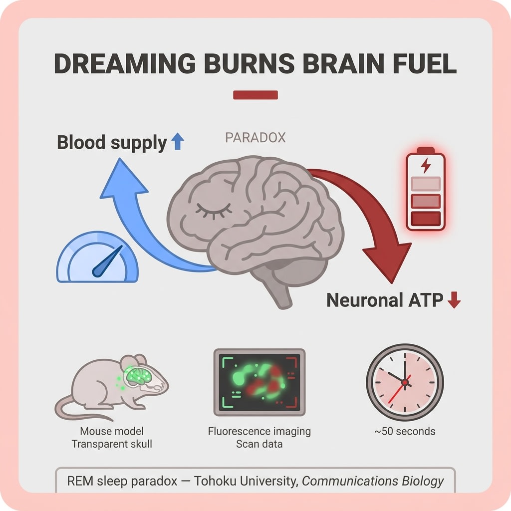DrSciora's tweet photo. Ever wake up exhausted from a vivid dream? 😴 Your brain may be burning fuel faster than it can refill it. During REM sleep, blood supply rises — but neurons' ATP drops. Dreaming, it turns out, is hard work.

#Neuroscience #Sleep #REM https://t.co/9Qq5BdSrD1