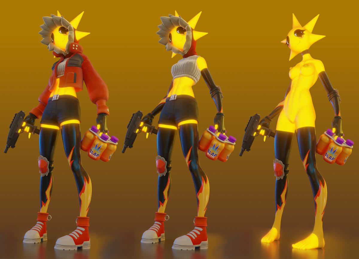 lPickleJuicel's tweet photo. Updating Sunspot with:
-New Eyes, more performance friendly!
-Slightly curvier frame
-Improved leg sleeves and hood
-New sweater vest
-Shorter Jacket
-New eye expression system using Shapekeys
-New mouth bone for posing the mouth
-Belt
-A new and simplified rig with basic IK. https://t.co/ff3ReINpOY