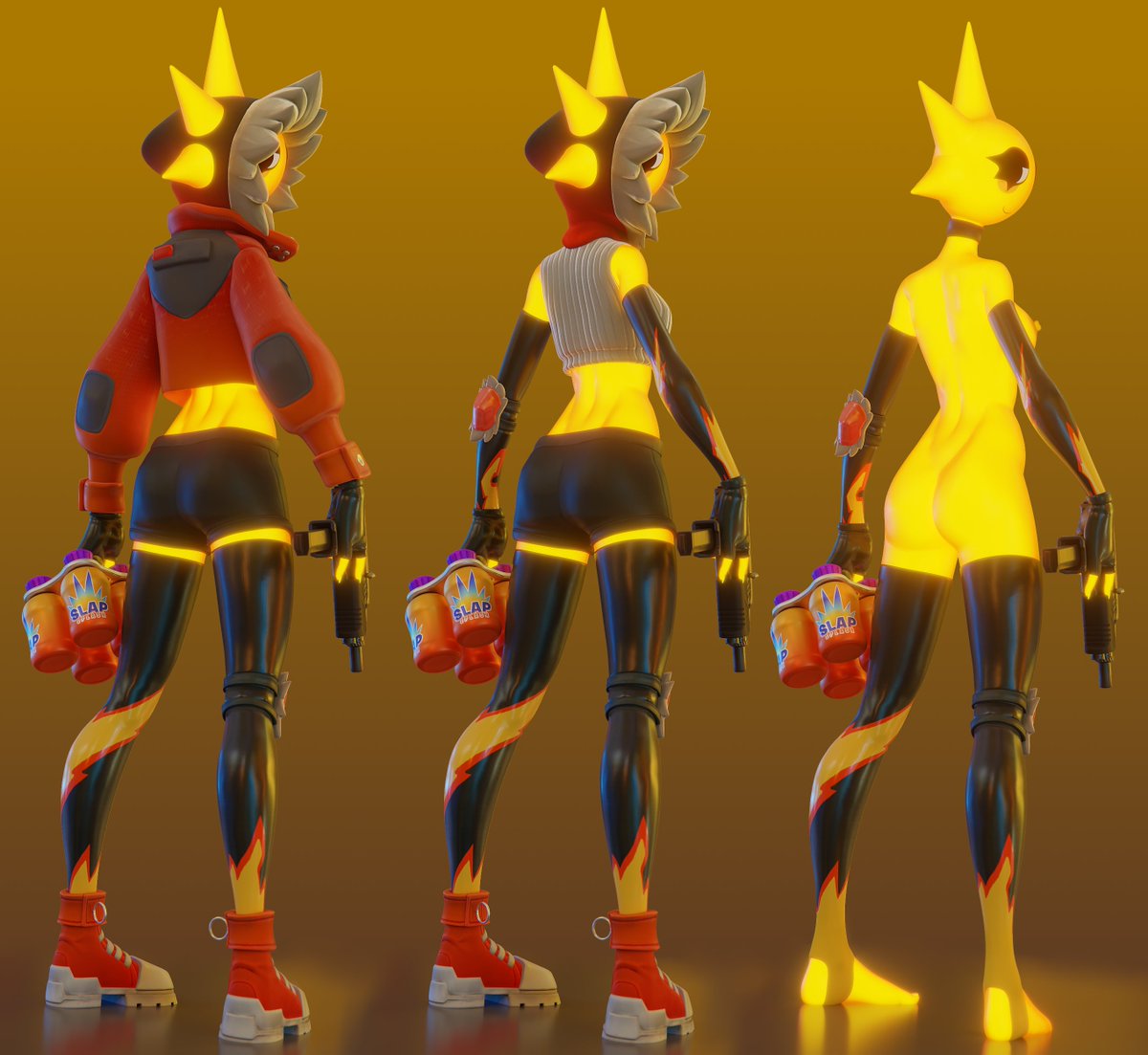 lPickleJuicel's tweet photo. Updating Sunspot with:
-New Eyes, more performance friendly!
-Slightly curvier frame
-Improved leg sleeves and hood
-New sweater vest
-Shorter Jacket
-New eye expression system using Shapekeys
-New mouth bone for posing the mouth
-Belt
-A new and simplified rig with basic IK. https://t.co/ff3ReINpOY