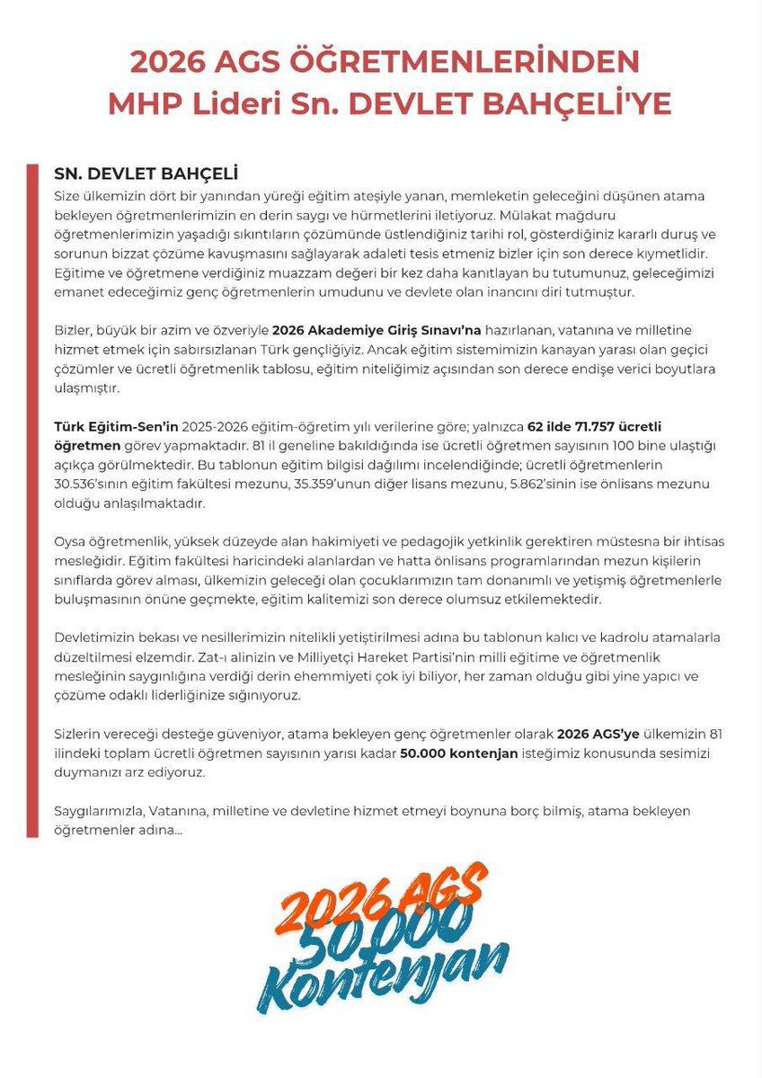 Harunbehra's tweet photo. Sayın Bahçeli, alın terimizin karşılığı olan sınıflarımıza kavuşmak istiyoruz. 2026 AGS 50 bin kontenjan için mecliste sesimiz olun. @RTErdogan @Yusuf__Tekin @dbdevletbahceli @PrfDrFilizKilic @MHP_Bilgi #DevletBeyAGS50Bin https://t.co/5Ei2usaCgW