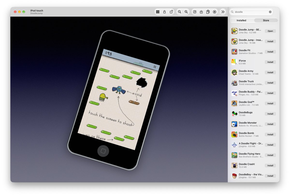 samhenrigold's tweet photo. I built Light Touch, a full-featured iPod touch 2G emulator for Mac. Networking + Wayback Machine proxy, GLES/3D games support, a built-in app store via https://t.co/t13nT5RIO8, rotation, screen capture, the works. Have fun https://t.co/APxSW8uJuH https://t.co/mk6TlXugp5