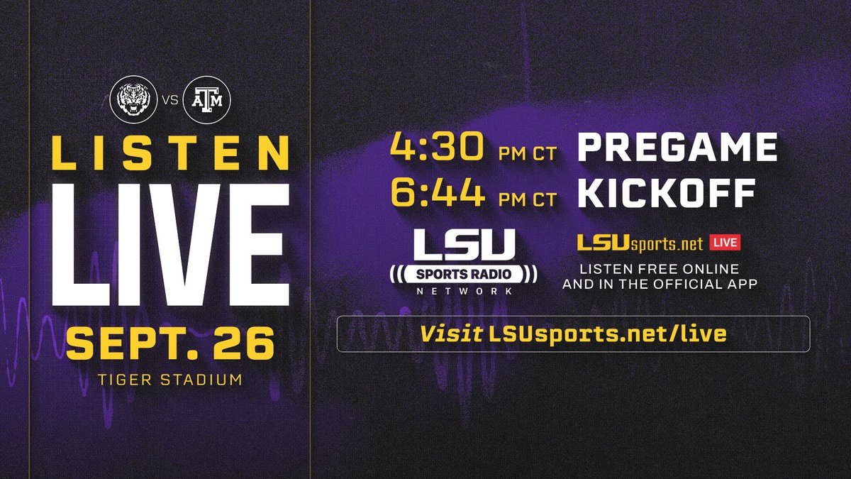 LSUradio's tweet photo. We begin our broadcast day at 4:30 with #LSUGameday with kickoff around 6:44.
#SpotTheBall
#GeauxTigers
#LSU https://t.co/hht1c3D6MY