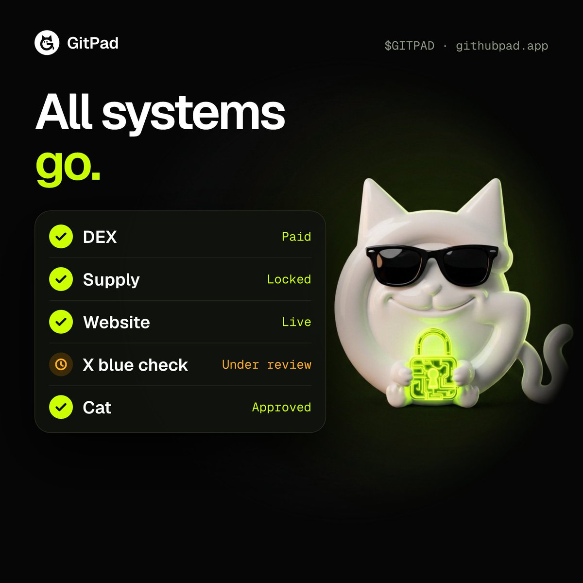 githubpad's tweet photo. DEX paid. Supply locked. Website live. X blue check under review.

The cat approved. 🐱

$GITPAD
CA: 0x4E2E4562d85A7C0BE0c1B7e340ff4a1DD639Bdea https://t.co/ylNsq1d1uA
