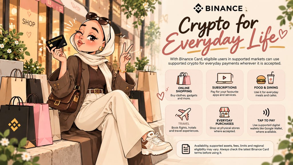 thechaiverse_'s tweet photo. Crypto isn’t just about charts and trading.

With @binance Card, eligible users can use supported crypto for everyday payments where accepted.

Think shopping, subscriptions, dining, or travel. 💳 https://t.co/Rsvvc9nR2W