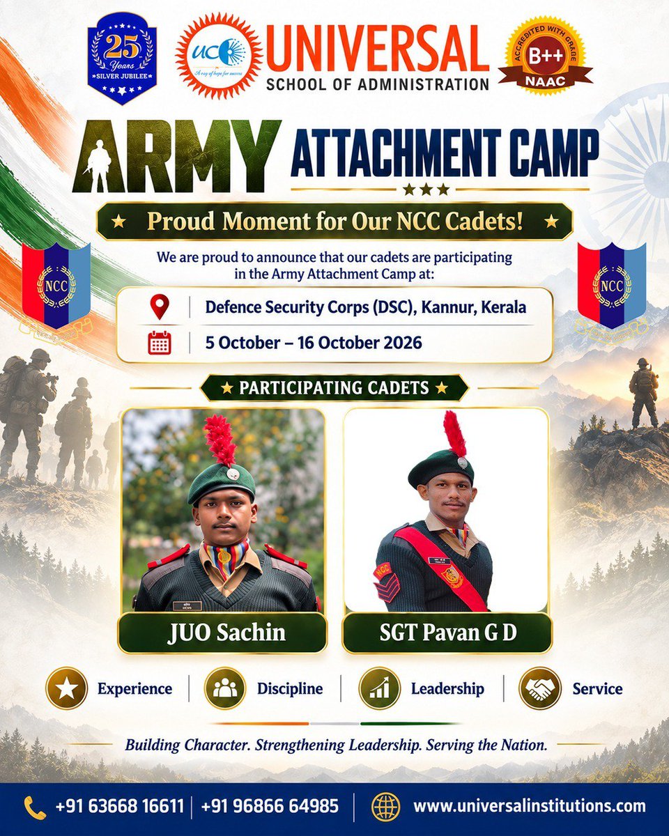 ugibengaluru's tweet photo. 🇮🇳 A proud moment for our NCC Cadets! 🎖️ JUO Sachin &amp; SGT Pavan G D are participating in the Army Attachment Camp at DSC, Kannur, from 5–16 Oct 2026—building discipline, leadership &amp; a spirit of service. 🇮🇳
#NCC #NCCIndia #ArmyAttachmentCamp #Leadership #UPSC #KAS #Admissions2027 https://t.co/w4mfbRDpdc