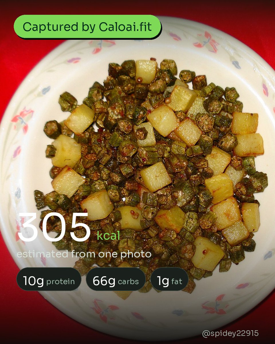 spidey22915's tweet photo. the okra was the cheap thing at the stall this morning so it decided dinner. okra and two potatoes that needed using up, rice on the side. the bowl came to 305 calories, and i would have guessed nearly double. https://t.co/azfejI7LJa