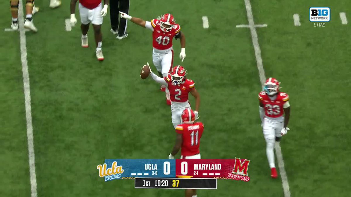 Maryland players #2 and #40 celebrate on the field after recovering a fumble during the 1st quarter against UCLA, with 10:20 remaining and the score tied at 0-0, as shown on the Big Ten Network broadcast.