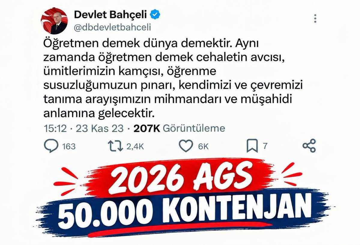 CTekil61284's tweet photo. @AGSkontenjan @RTErdogan @Yusuf__Tekin @oktay_saral @dbdevletbahceli @PrfDrFilizKilic @MHP_Bilgi Enerjimiz ve bilgimizle göreve hazır olduğumuzu belirtir, 2026 AGS'de 50 bin atamanın gerçekleşmesi için Sayın Genel Başkan'ın desteklerini istirham ederiz. @RTErdogan @Yusuf__Tekin @oktay_saral @dbdevletbahceli @PrfDrFilizKilic @MHP_Bilgi #DevletBey https://t.co/LGIeqkk7fA