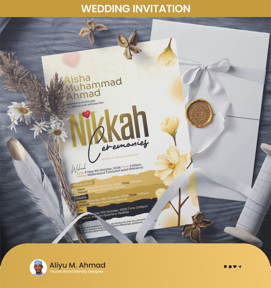 AliyuMAhmad_'s tweet photo. 15/110 โ Nikah Ceremonies Invitation ๐โจ
A modern and elegant Nikah Ceremonies Invitation designed with a warm, timeless aesthetic.
#EliteMediaNG #15of110 #110DayCreativeChallenge #NikahCeremonies #WeddingInvitation #InvitationDesign #WeddingBranding #AliyuMAhmad https://t.co/EeCkcY3rxj