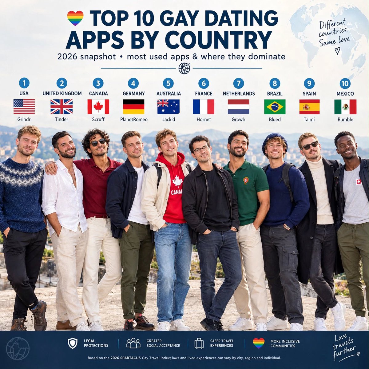 itz_sura01's tweet photo. The map looks tidy until you live on it.

Grindr winning the US is not a surprise. Tinder winning the UK is. That already tells you the two scenes are not the same market wearing different flags.

PlanetRomeo still holding Germany, Growlr in the Netherlands, Jack’d in Australia, those are not interchangeable “gay apps.” They are different rooms. Different bodies. Different expectations of what the first message is allowed to be.

Blued in Brazil and Taimi in Spain should make people pause. Popularity is not the same as safety, and “most used” is not the same as “most honest about who gets seen.”

The footer sells legal protection and inclusive community. The ranking sells habit. Those two things only overlap on good days.

What the graphic will not say: the app that dominates a country often wins because it matches the local mix of privacy, class, race, and how much of your life you can put on a profile without paying for it later.

Same love, different terms of service.