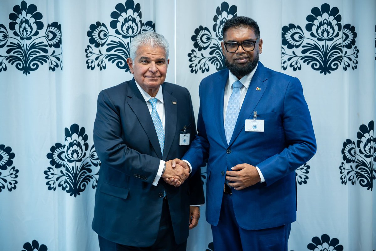 presidentaligy's tweet photo. I recently met with Panamanian President @JoseRaulMulino in New York, where we discussed ways to enhance and develop bilateral cooperation.

We also talked about Panama’s support for Guyana’s nominee, Ambassador Carolyn Rodrigues-Birkett, for the UN Secretary-General role. https://t.co/ty5F6PFgtl
