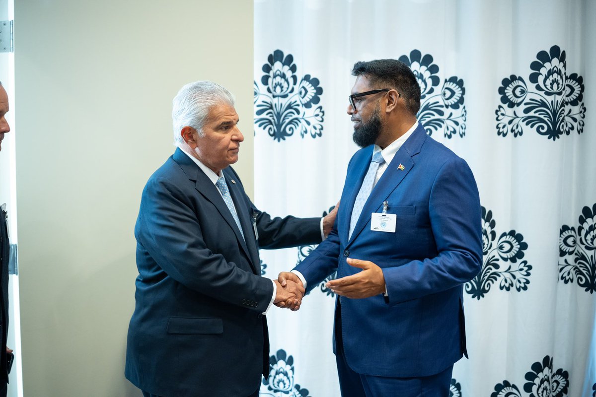 presidentaligy's tweet photo. I recently met with Panamanian President @JoseRaulMulino in New York, where we discussed ways to enhance and develop bilateral cooperation.

We also talked about Panama’s support for Guyana’s nominee, Ambassador Carolyn Rodrigues-Birkett, for the UN Secretary-General role. https://t.co/ty5F6PFgtl