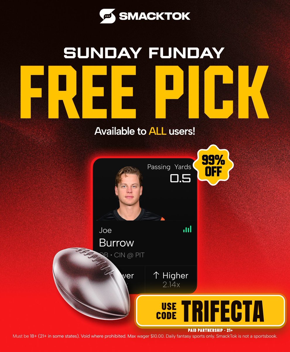 TrifectaNFL's tweet photo. ✅ $50 Deposit Match
✅ 25% Profit Boost
✅ FREE Joe Burrow pick this weekend!

🔥 Use code "TRIFECTA" when you sign up with the @smacktok app to unlock this incredible offer!!! 

🎁 Check it out!!!👇 https://t.co/OYUICevWjz