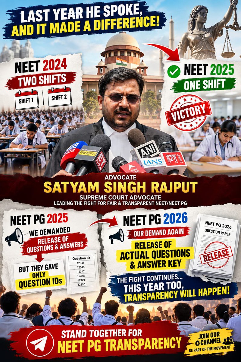 medicopenia_155's tweet photo. @advsatyamrajput Supreme Court Advocate, continues the fight for fair &amp; transparent NEET PG 
NEET PG 2025: We demanded the actual Questions &amp; Answer Key—only Question IDs were provided.
NEET PG 2026  OUR DEMAND AGAIN:
Release the actual Question Paper Answer Key. 
#neetpg2026 https://t.co/fMay24H9SC