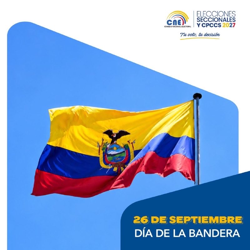 CNE_ElOro's tweet photo. 🇪🇨 #DíaDeLaBandera | 26 de septiembre

Hoy honramos los colores que representan nuestra historia, identidad y unidad como ecuatorianos.

Desde el CNE, reafirmamos nuestro compromiso con una ciudadanía activa y con el fortalecimiento de la democracia. 🫡

¡Viva el Ecuador!🇪🇨 https://t.co/E46UbUlwCr