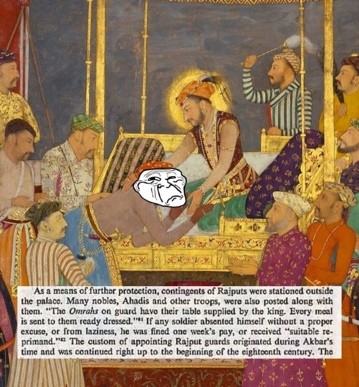 Gurjarasura's tweet photo. Rajputs used to gaurd the Harems of the Mughal emperors &amp; nobility. Sometimes, they were called upon to present their own women &amp; guard the very room where their own women were defiled. This tradition goes way back to the times of Abhiras where Rajus were subjected to the same. https://t.co/SF5Mm25xuI