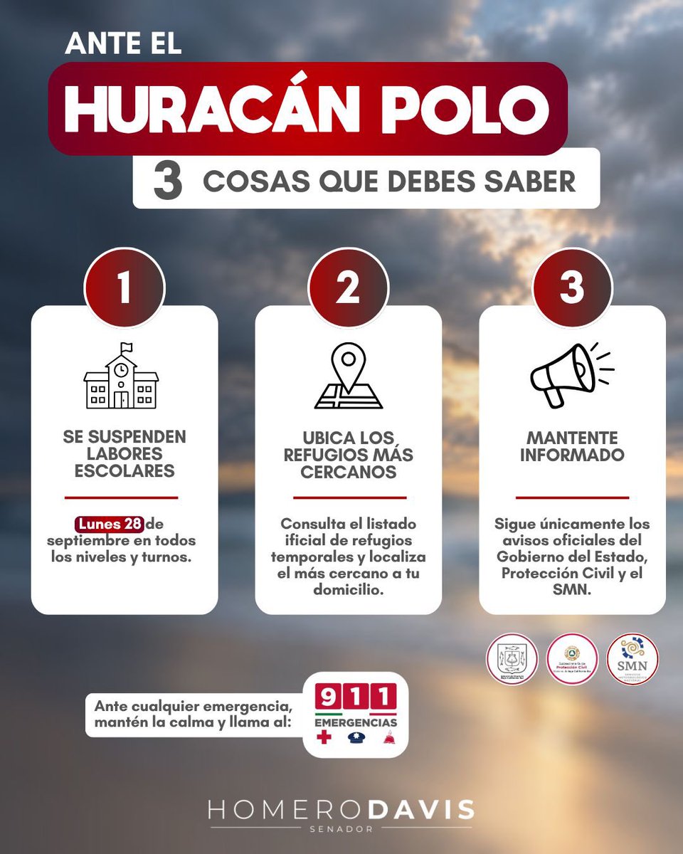 homerodav's tweet photo. Ante la posible llegada del #HuracánPolo, es momento de prevenir. Cuidémonos, preparémonos y actuemos con responsabilidad. 

Consulta aquí la ubicación de los refugios temporales de #BajaCaliforniaSur: https://t.co/4U3xIxIoaz 

#VamosAdelante https://t.co/LgGacLVrH5
