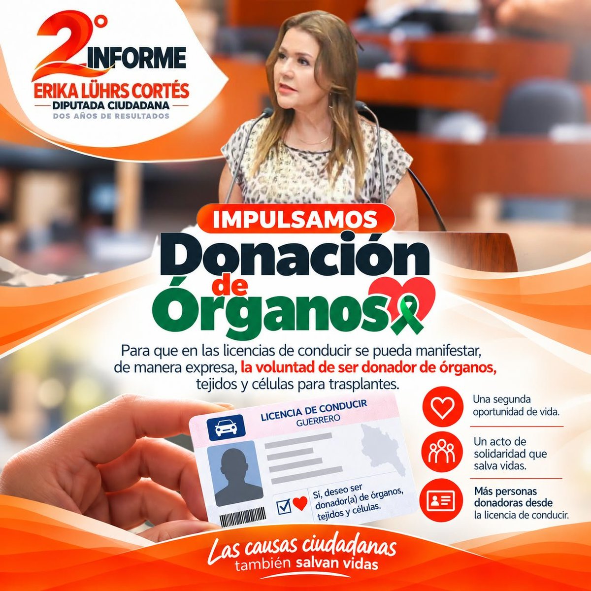 ErikaLuhrsC's tweet photo. En estos #DosAñosDeResultados impulsamos que las licencias de conducir de Guerrero permitan expresar voluntariamente la decisión de ser donadoras y donadores de órganos. 🧡
Porque donar es regalar una segunda oportunidad de vida. 🫶
#SegundoInforme #DonaciónDeÓrganos #ErikaLührs https://t.co/HS2IND22G7