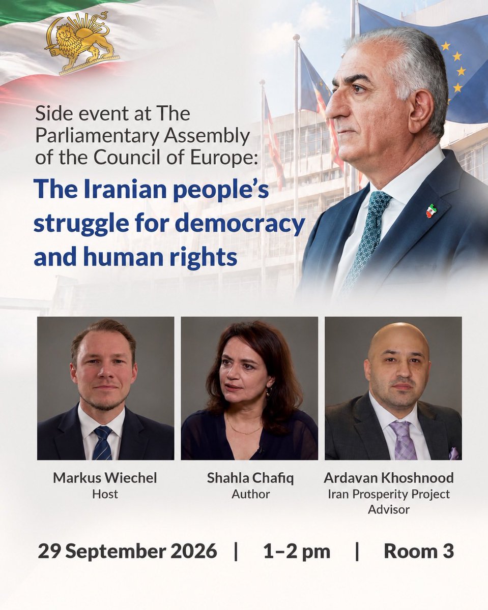 MarkusWiechel's tweet photo. Honored to host a Side event at the Parliamentary Assembly of the Council of Europe on Tuesday. My last side event as an elected official. 

For a democratic, secular and free Iran. https://t.co/zvvs06O7xY