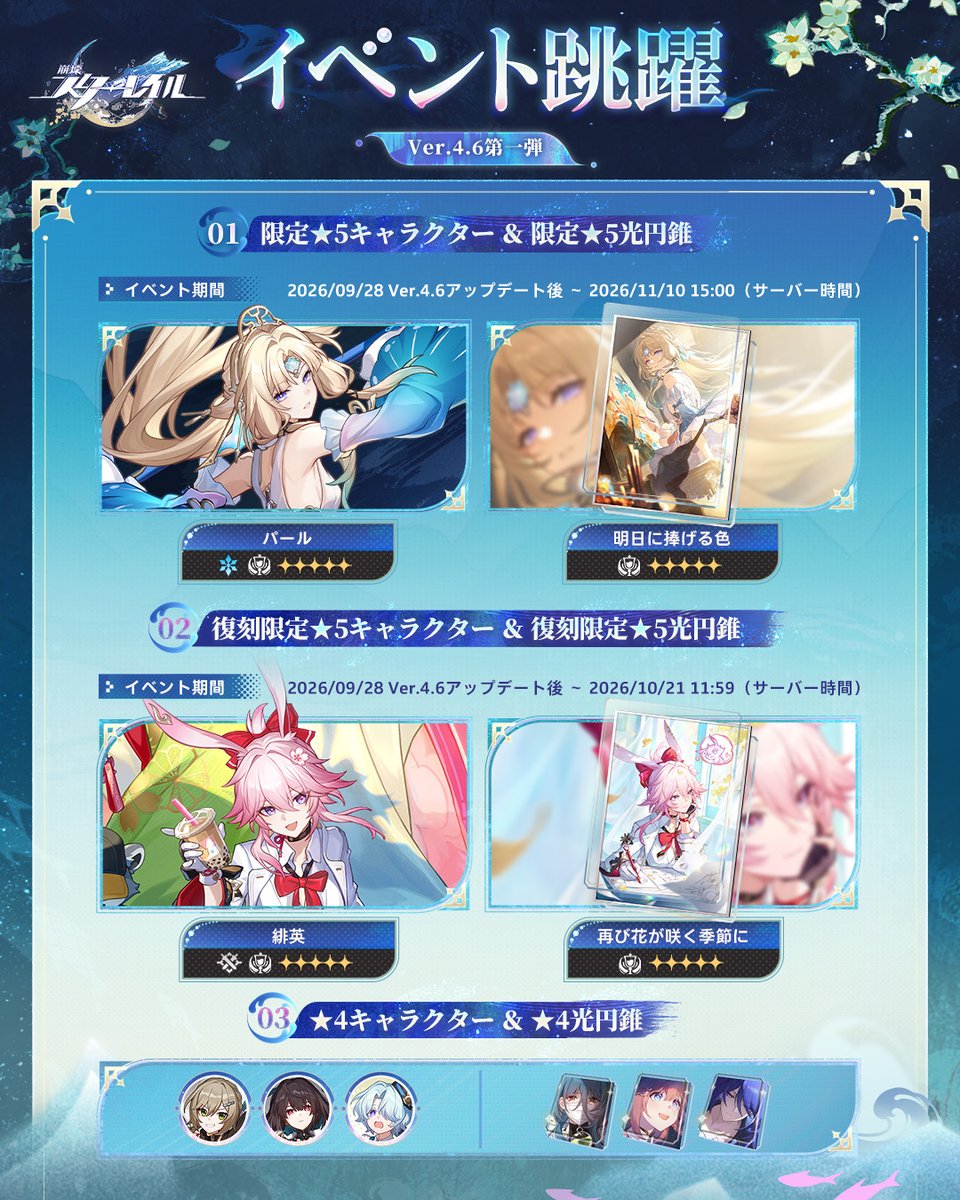 houkaistarrail's tweet photo. Ver.4.6イベント跳躍・その1

親愛なる開拓者様へ
限定★5キャラクター「パール（愉悦・氷）」と限定★5光円錐「明日に捧げる色（愉悦）」の出現率が期間限定でアップします。★4キャラクター「青雀（知恵・量子）」「雪衣（壊滅・量子）」「ミーシャ（壊滅・氷）」と★4光円錐「手術後の会話（豊穣）」「惑星との出会い（調和）」「終わりなき舞踏（虚無）」の出現率が期間限定でアップします。今期のイベント跳躍の開催期間は2026/09/28 Ver.4.6アップデート後 ～ 2026/11/10 15:00 (サーバー時間)となります。
限定★5キャラクター「緋英（愉悦・物理）」および限定★5光円錐「再び花が咲く季節に（愉悦）」が復刻されます。跳躍の開催期間は2026/09/28 Ver.4.6アップデート後 ～ 2026/10/21 11:59 (サーバー時間)となります。

▼もっと見る
https://t.co/pZ3o8pIl2f

#崩壊スターレイル #スターレイル
