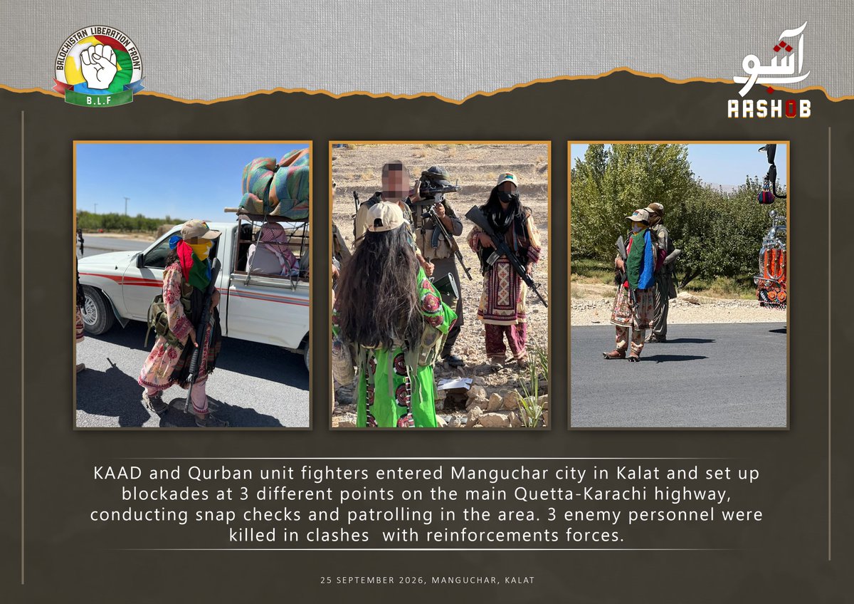 WT_OSINT's tweet photo. 🚨 🇵🇰 Pakistan: Balochistan Liberation Front (BLF) released photos of fighters it identifies as members of its newly formed women unit, Karima Armed Assault Division (KAAD) and Qurban Unit. https://t.co/zxlBReU93A