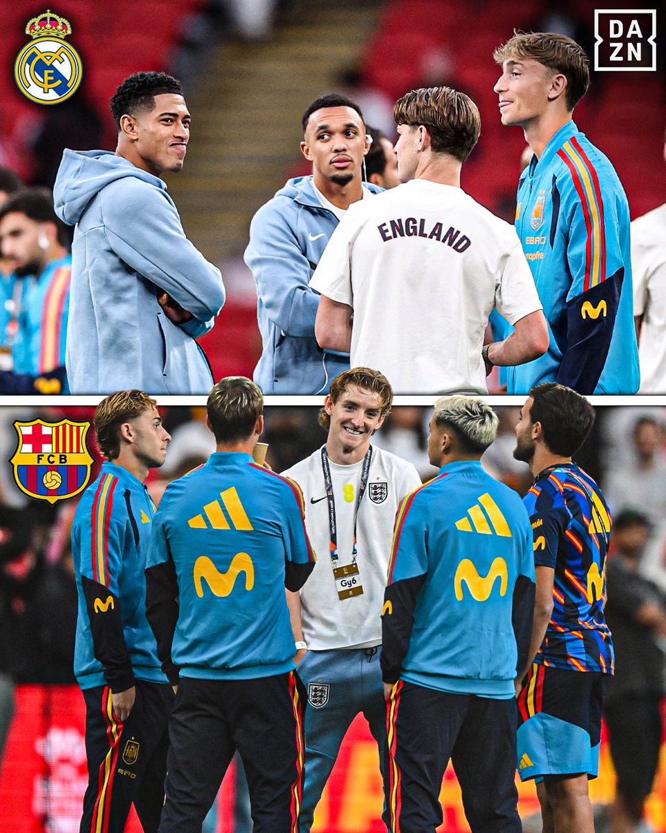 DAZNFutbol's tweet photo. Reuniones familiares de Real Madrid y FC Barcelona en Wembley ❤️‍🩹

#NationsLeaguexDAZN https://t.co/OtSyDCEK67