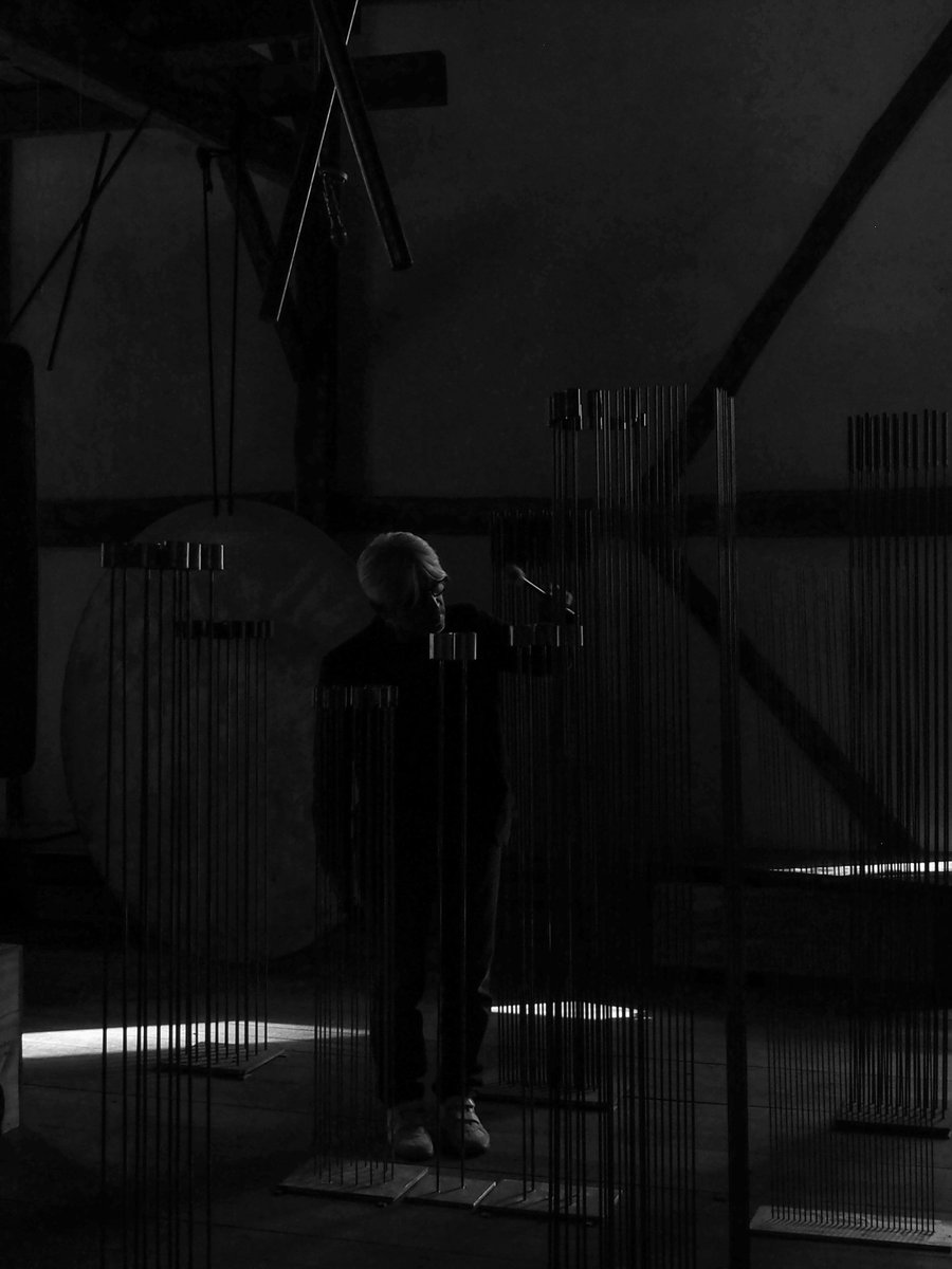ryuichisakamoto's tweet photo. SKMT | dig 🌕

"walker"
from "async" (2017)
By Ryuichi Sakamoto

Listen: https://t.co/6n7V92Z4SL

On Sept 1, 2016, Sakamoto and Alva Noto performed at Philip Johnson's Glass House in New Canaan, Connecticut, to open Yayoi Kusama's installation there. Beforehand, Sakamoto walked the grounds with a recorder running. The leaves and grass under his feet became central to "walker." He conceived "async" as the soundtrack to an imaginary film by Andrei Tarkovsky, and tied this recording to scenes from "The Sacrifice."

"I think you can properly imagine the setting by hearing the soundscape."

Ryuichi Sakamoto, Resident Advisor, 2017
Other elements he recorded at the Museum of Arts and Design in New York, in a 2016 exhibition of Harry Bertoia's Sonambient sculptures. He later acquired two sound sculptures by Harry's son, Val Bertoia, and played them at the album's live premiere at the Park Avenue Armory in 2017.

-------------------------
Both of Val Bertoia's sculptures are in "how many more times will I watch the full moon rise?" at THE GALLERY by Odo, now extended through Sunday, Oct 4th. The exhibition marks the release of "Music Sets You Free" (HarperVia), the first English edition of Sakamoto's autobiography.

"Ryuichi Sakamoto: CODA" (2017), Stephen Nomura Schible's film, which follows him from the aftermath of Fukushima through his 2014 cancer diagnosis and the making of "async," screens at Metrograph on Sunday, Sept 27th and Friday, Oct 2nd.
https://t.co/3EK21B2RKM

#skmtnews
#skmtdig
#ryuichisakamoto
#async
#musicsetsyoufree