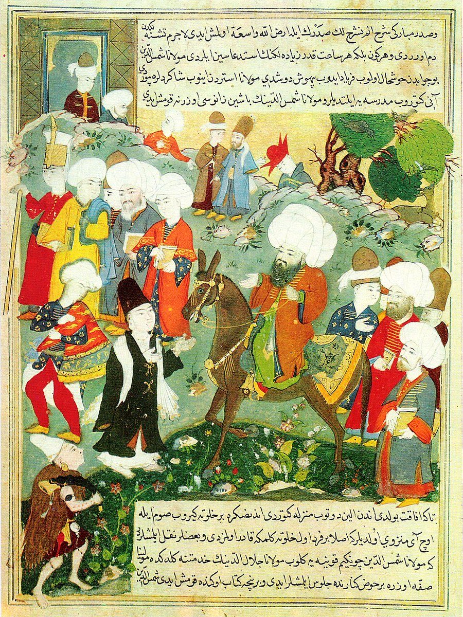 AtlasOfWisdom's tweet photo. Rumi did not think love was meant to make you happy. He thought it could dismantle the person who is doing the loving.

Rumi (1207–1273) was a Muslim scholar, poet and Sufi mystic. For him, love was not just a feeling. We want to possess, control and be loved in return. Rumi saw this attachment to “me” and “mine” as part of the nafs.

That is why longing matters. At the beginning of his Mas̱navī, he uses the sound of a reed flute separated from its source as an image of the human longing to return to its origin.

The person or beauty we love is not necessarily the final object of that longing. It can awaken a desire that reaches beyond it, toward God.

Rumi calls the fading of the ego’s claim to be separate and self-sufficient fanāʾ. His idea of “dying before you die” points to the same process, the loosening of the ego while we are still alive.

So love, for Rumi, is not about finding something to complete the self. It is a way of discovering how deeply the self is attached to possessing, controlling and being recognised - and learning to let that attachment go. #Sufism 

Image source:
“Meeting of Jalal al-Din Rumi and Molla Shams al-Din” (late 16th–early 17th century), unknown artist.
Source: Topkapi Palace Museum, Wikimedia Commons. Version checked: 23 January 2011. License checked: 26 September 2026 - Public Domain.