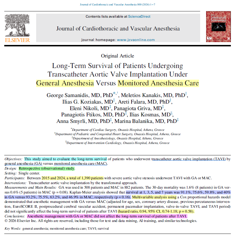 jesus_nieves_a's tweet photo. #TAVI has changed a lot over the last decade, so comparing #GA with #MAC across 2015–2024 is messy.
But if a patient needs general anesthesia, these data give little reason to think the anesthetic itself worsens long-term survival.
https://t.co/lmDoyBtc0p https://t.co/Da4qpOoEKk