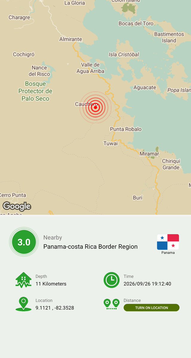 ZAMYAD_APP's tweet photo. Panama-costa Rica Border Region
Magnitude: 3.0
Depth: 11 Kilometers
Location: 9.1121 , -82.3528
Time: 2026/09/26 15:42:40 (GMT)

Zamyad Earthquake Tracker
Free Download:
https://t.co/RJ4yLcH9Ej

#Earthquake #Panama #Earthquake_Tracker #zamyad https://t.co/DnFbV6PvWF