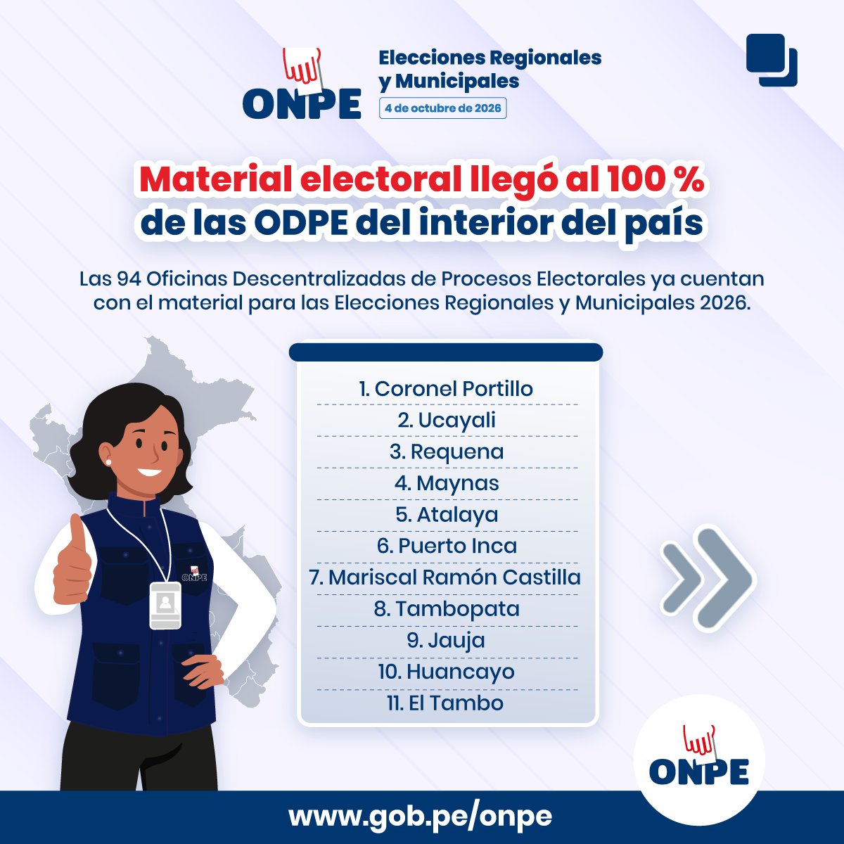 ONPE_oficial's tweet photo. 🗳️ ¡Culminamos el despliegue del material electoral para las Elecciones Regionales y Municipales 2026 en el interior del país! 🇵🇪

#ERM2026 #ONPEenRegiones

1/2 https://t.co/UyresitRBj