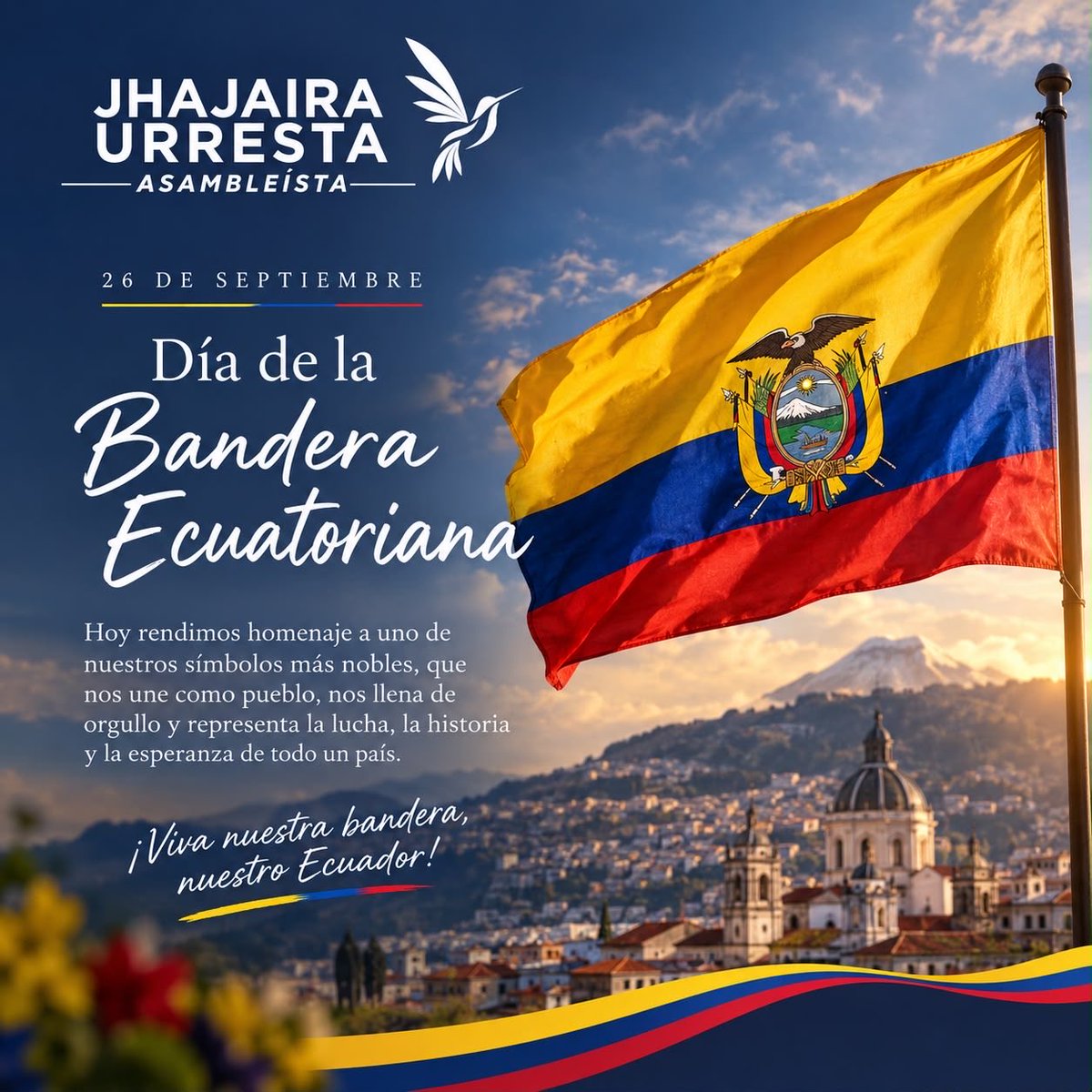 EGuzmanurresta's tweet photo. Hoy conmemoramos el Día Nacional de la Bandera, símbolo de nuestra identidad, historia y unidad como ecuatorianos.

Honrar nuestra bandera es también renovar el compromiso de seguir trabajando por un Ecuador donde prevalezcan la justicia, la libertad y las oportunidades para todos.

¡Que viva nuestra bandera y que viva el Ecuador! 🇪🇨

#DíaDeLaBandera #BanderaDelEcuador  #OrgulloEcuatoriano #AsambleaNacional #JhajairaUrresta