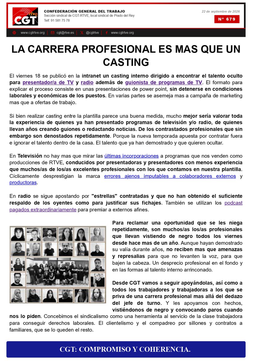 cgtrtve's tweet photo. LA CARRERA PROFESIONAL ES MAS QUE UN CASTING. Mejor sería valorar toda la experiencia de quienes ya han conducido programas de televisión y/o radio, de quienes llevan años creando guiones o redactando noticias. Apartados/as y amenazados/as, seguimos #viernesnegros #salvemosRNE https://t.co/gyDwnoHdlY