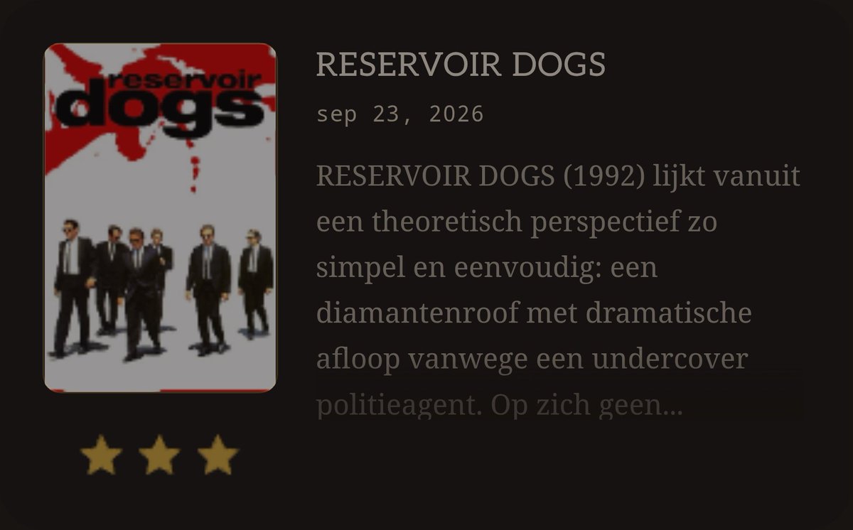FelixRothuizen's tweet photo. Ik heb zojuist RESERVOIR DOGS (1992) gekeken. Lees mijn korte recensie op https://t.co/dvT9gqjE3X #movieroulette #reservoirdogs #quentintarantino #michaelmadsen #harveykeitel #stevebuscemi #timroth https://t.co/pkPvHazLn4
