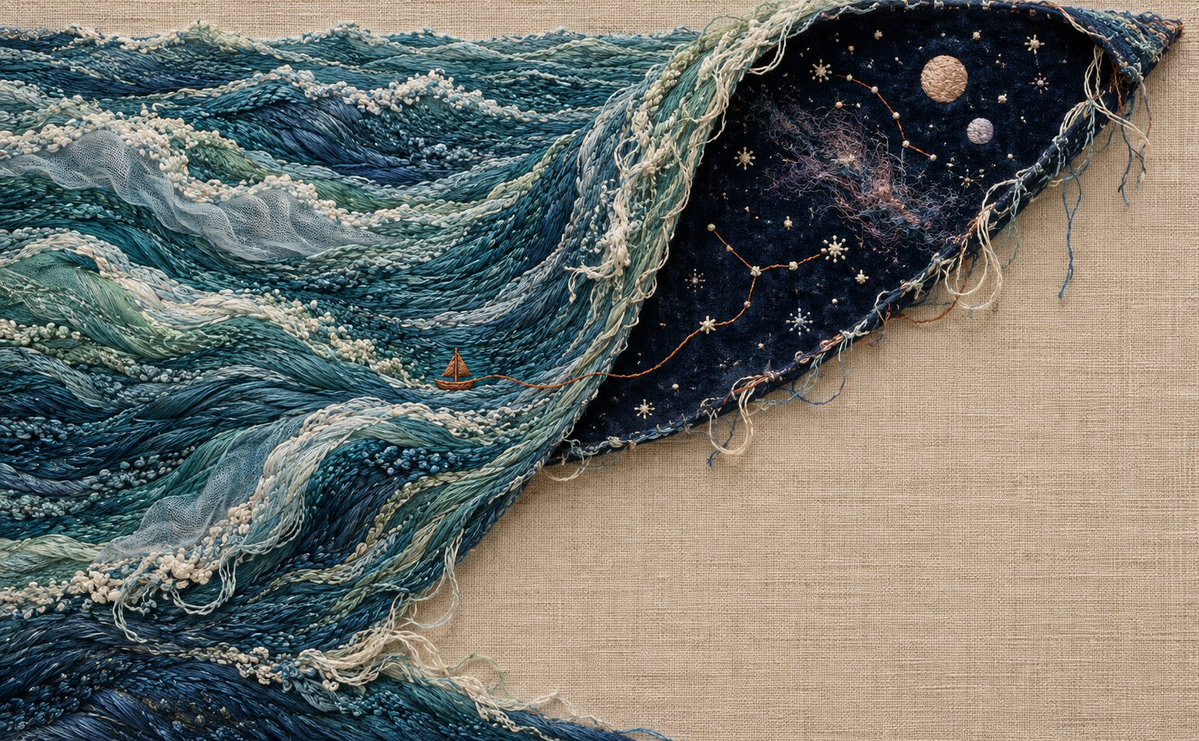 Viewshed_CN's tweet photo. 海的背面，缝着星空
把浪花绣成线头，星星藏进布的背面。一只小船拖着橙色的线，走着走着，把��和宇宙缝在了一起。愿今晚的心事，也能被轻轻放平。
#AI艺术 #纤维艺术 #超现实艺术 #海的背面 #治愈系壁纸 https://t.co/hIwi0E5OE2