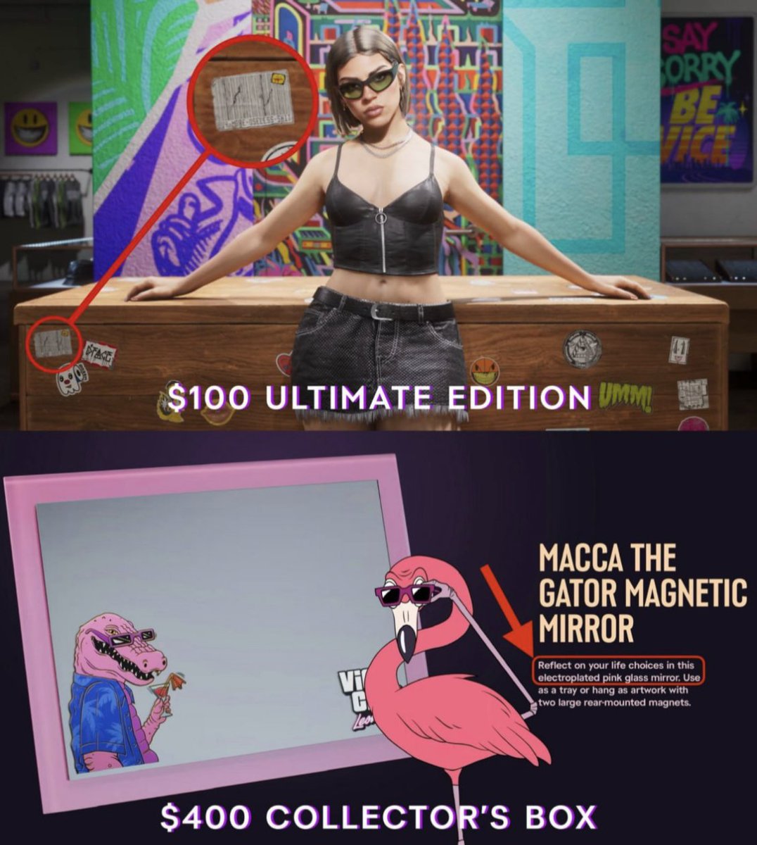 GTA6Digest's tweet photo. Rockstar is trolling its own fans

Spotted on the art for the $100 Ultimate Edition: a sticker that reads 'Buy more useless shit'

And in the $399 collector's edition, the pink Macca the Gator mirror comes with a note suggesting you use it to "reflect on your life choices"

They can mock players all they want - they know fans are buying everything anyway
