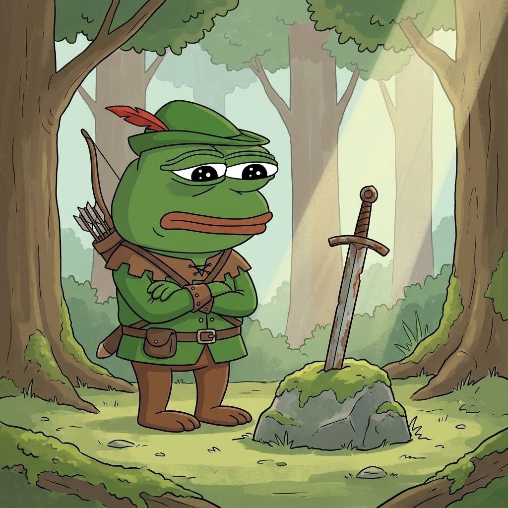 RobinPepeCoin's tweet photo. The old stories say whoever pulls it out becomes king. He already has a hat. https://t.co/RiwNp7gavy