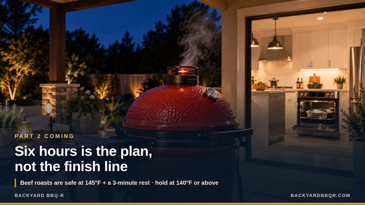 BackyardBBQr's tweet photo. Six hours is the plan, not the finish line. The roast is done when the thermometer says so — the clock only tells you when to start checking. Beef roasts are safe at 145°F plus a 3-minute rest. Part 2 shows the finish.

#BackyardBBQR #BBQTips #PotRoast https://t.co/jHsZtFGQkh
