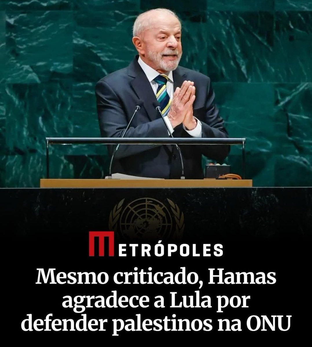 GBonomiMBL's tweet photo. O Hamas parabenizou Lula por sua vitória em 2022, agradeceu por seu discurso comparando Israel ao nazismo e agora agradeceu a Lula por seu discurso na ONU.

Além disso, o governo Lula retirou o Brasil da Aliança Internacional em Memória do Holocausto.

Lula é cúmplice do terror. https://t.co/BD0VByMocZ