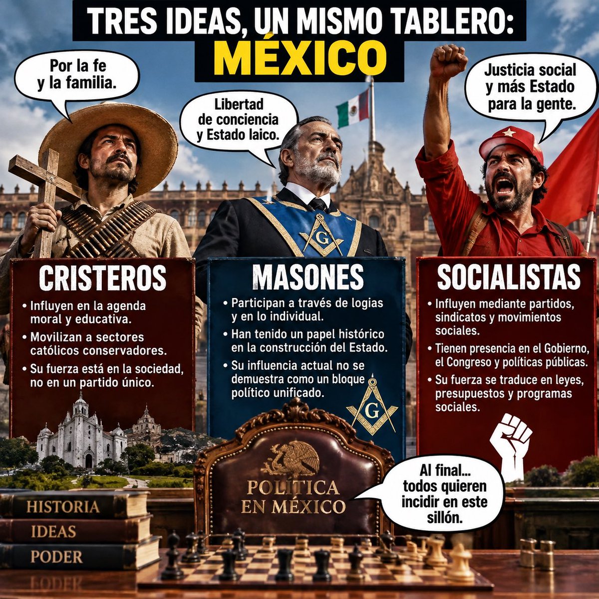 Mex_0001's tweet photo. 🔥 CRISTEROS, MASONES Y SOCIALISTAS: ¿QUIÉN INFLUYE REALMENTE EN EL PODER EN MÉXICO?
Tres corrientes, tres formas de entender el país y tres maneras distintas de incidir en la política. Pero una cosa es el peso histórico y otra, muy diferente, el poder que se ejerce hoy.
1. LA IZQUIERDA: DEL DISCURSO A LAS DECISIONES DE GOBIERNO.
Las corrientes de izquierda cuentan con partidos, legisladores, gobiernos, sindicatos y organizaciones sociales. Su influencia puede traducirse directamente en presupuestos, reformas, programas sociales y políticas públicas. Sin embargo, no toda la izquierda es socialista, ni todos sus integrantes comparten el mismo proyecto económico.
2. EL CONSERVADURISMO CATÓLICO: LA BATALLA POR LOS VALORES.
El legado cristero permanece como referente de sectores que defienden una mayor presencia de los valores religiosos en la vida pública. Su influencia se manifiesta en debates sobre educación, familia, aborto y libertad religiosa. Pero ser católico no significa ser cristero, y no existe evidencia de que estos sectores actúen como un bloque político nacional unificado.
3. LA MASONERÍA: HISTORIA, LOGIAS Y PARTICIPACIÓN INDIVIDUAL.
Su papel histórico en la construcción del Estado mexicano es innegable. Hoy existen logias y organizaciones masónicas, pero de ahí a afirmar que controlan el Gobierno, los partidos o las instituciones hay una distancia enorme. La pertenencia de un político a la masonería no demuestra que actúe bajo sus instrucciones.
⚖️ ¿Y QUIÉN TIENE MAYOR INFLUENCIA POLÍTICA ACTUAL?
Si medimos la capacidad de convertir ideas en leyes, presupuestos y decisiones gubernamentales, las corrientes de izquierda con presencia institucional tienen una ventaja estructural: participan directamente en los espacios donde se ejerce el poder.
Los sectores católicos conservadores inciden principalmente en la agenda social y moral. La influencia política coordinada de la masonería, en cambio, no puede establecerse con rigor sin pruebas concretas.
Pero cuidado: influencia no significa control; coincidencia ideológica no significa pertenencia, y una sospecha no es una prueba.
México arrastra desde hace siglos la disputa entre el poder religioso, el Estado laico y los proyectos de transformación social. Comprender esa historia exige distinguir los hechos de los mitos y las organizaciones reales de las etiquetas políticas.
🔥 La pregunta no es quién tiene la historia más poderosa, sino quién logra convertir sus ideas en decisiones que afectan la vida de millones de mexicanos. Ahí es donde debe centrarse el análisis.
#PolíticaMexicana #HistoriaDeMéxico #PoderYSociedad