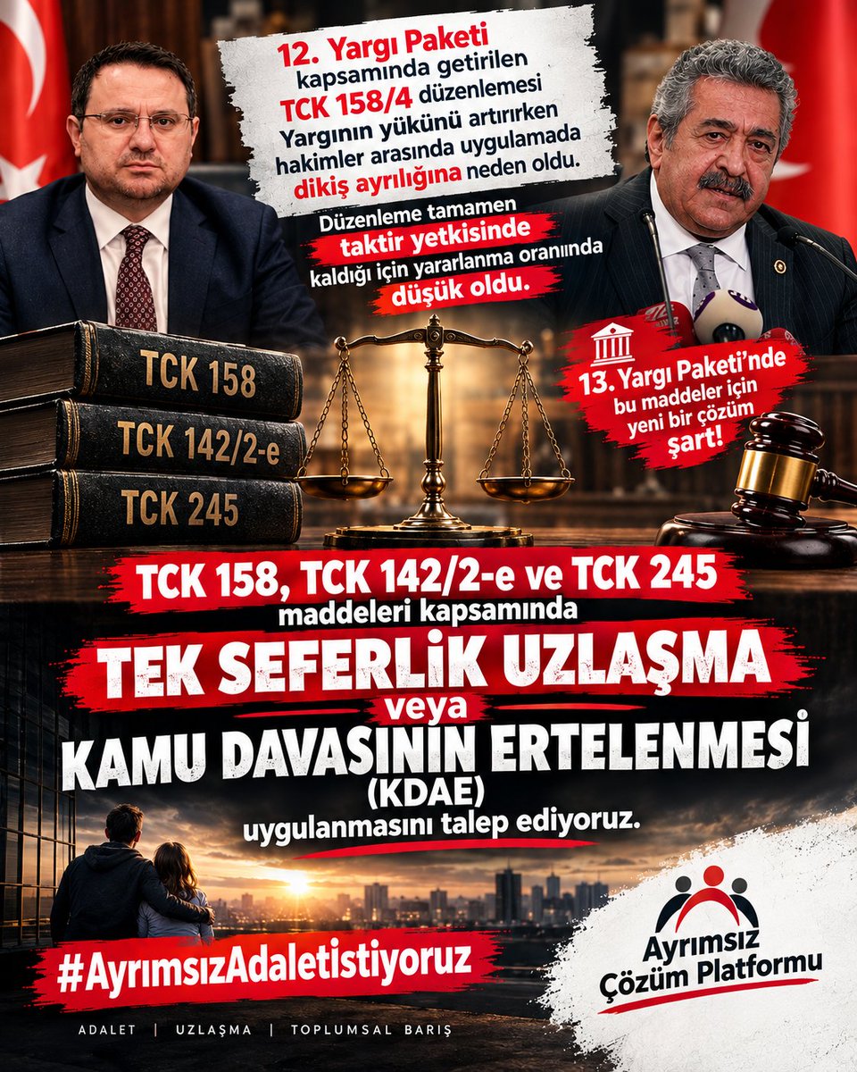 Cesurrbeyy34's tweet photo. 12. Yargı Paketi ile TCK 158/4 kapsamında getirilen düzenlemenin, uygulamada hâkimlerin takdirine bağlı farklı değerlendirmelere yol açtığını ve bu nedenle beklenen ölçüde yararlanma imkânı sağlamadığını düşünüyoruz.
13. Yargı Paketi kapsamında;
TCK 158, TCK 142/2-e ve TCK 245 maddeleri yönünden, geçmiş dosyaları da kapsayacak şekilde tek seferlik uzlaşma veya Kamu Davasının Açılmasının Ertelenmesi (KDAE) seçeneğinin değerlendirilmesini talep ediyoruz.
Amaç cezasızlık değil; zararın giderilmesi, uzlaşmanın sağlanması ve yargının iş yükünün azaltılmasıdır.
#AyrımsızAdaletİstiyoruz
Ayrımsız Çözüm Platformu
@abakingurlek  @YildizFeti