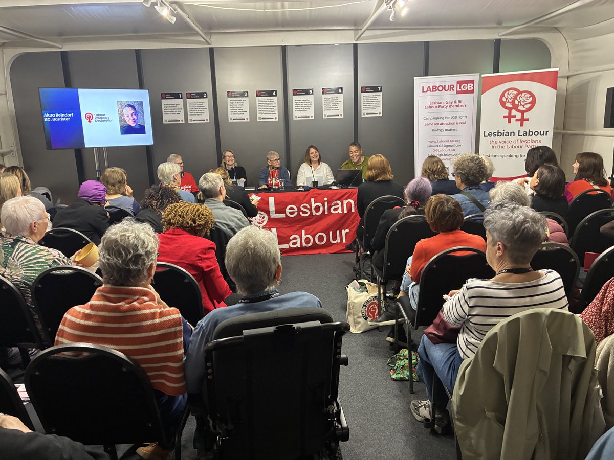 LabourLGB's tweet photo. Another successful fringe meeting by @LabWomenDec at this year's Labour Party Women's Conference. A crowded room listened as the speakers as the Labour Party risks losing touch with the majority of voters unless it continues to support women and their rights. Thanks to our own Dee McCullough @LabourLGB and 
@LesbianLabour and @tracygilbert72 MP, @akuareindorf KC, @KateBMwriting of @AllianceLGB
 with chair, Carol Angharad, also from @LesbianLabour. 
 @UKLabour #LWDLiverpool26