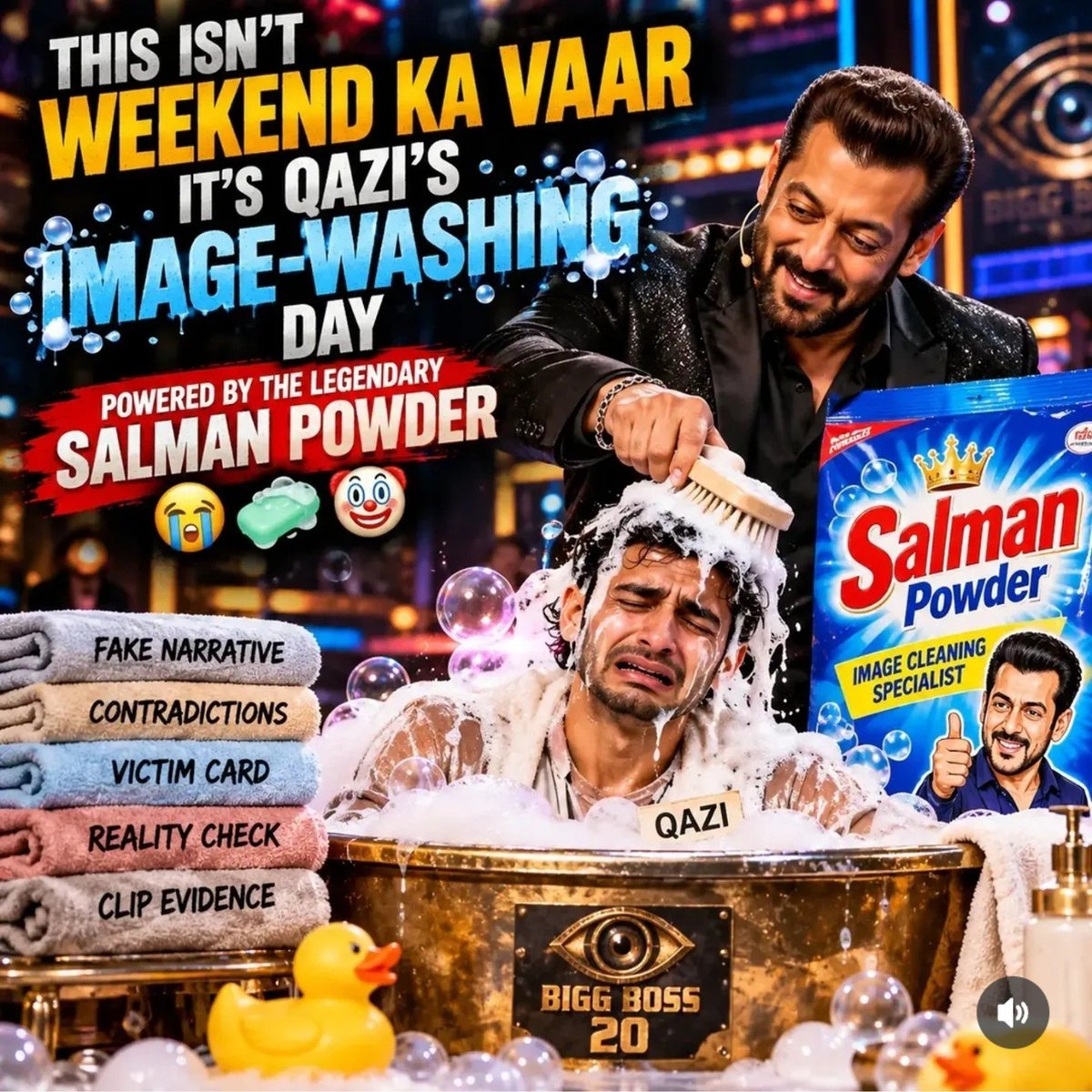 mr_parfect24858's tweet photo. This isn't Weekend Ka Vaar-it's Qazi's IMAGE-WASHING DAY, powered by the legendary Salman Powder 🤡

#YungDSA #BiggBoss20 #BB20 https://t.co/tAOUGfDcZP