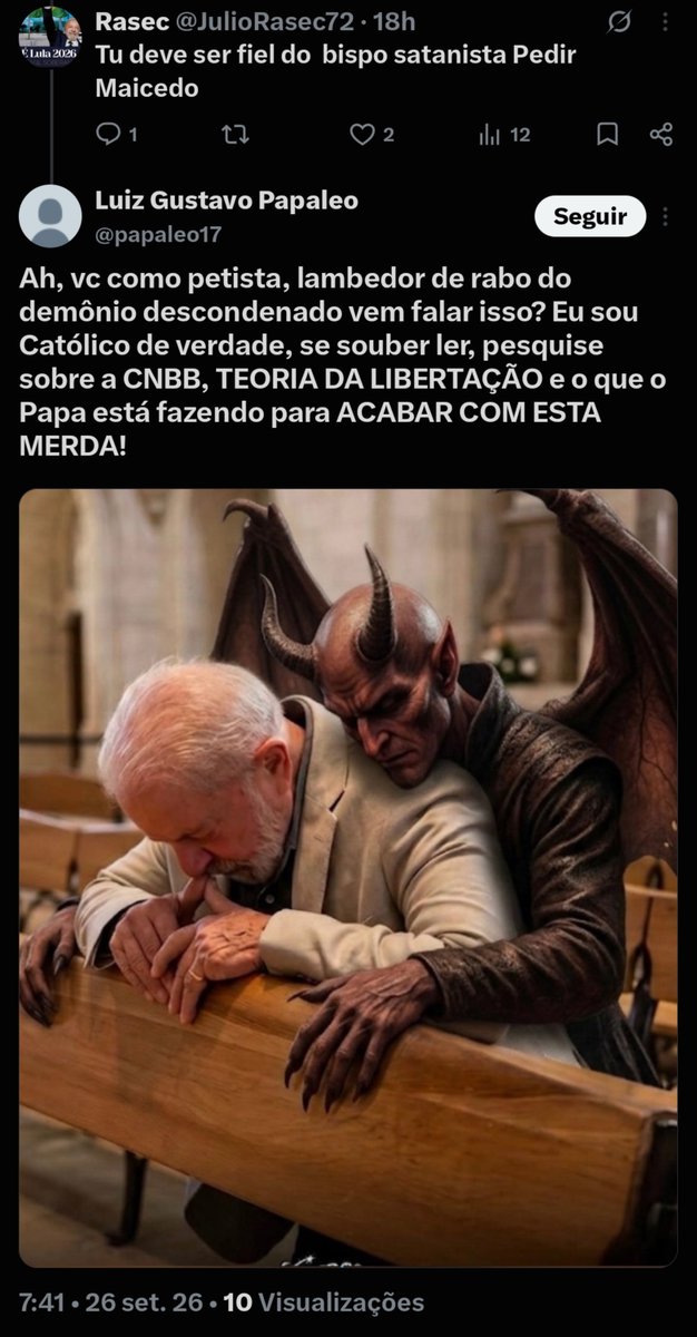 JRasec13's tweet photo. @papaleo17 
Tu é católico coisa nenhuma. Tu é fiel do pedir maiscedo sim e odeia Nossa Senhora, seu deus bolsonás atualmente está em prisão domiciliar incomunicável e o filho dele em breve tbm estará na cadeia. Seu doente. https://t.co/U7C0QRkfMq
